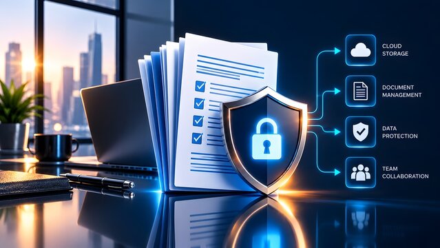 Stack of verified documents with padlock shield, laptop, and digital interface for secure cloud storage and team collaboration