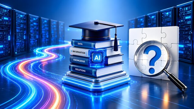 Academic graduation cap on stacked knowledge books with artificial intelligence core, beside puzzle board, magnifying glass, and glowing data streams in server room