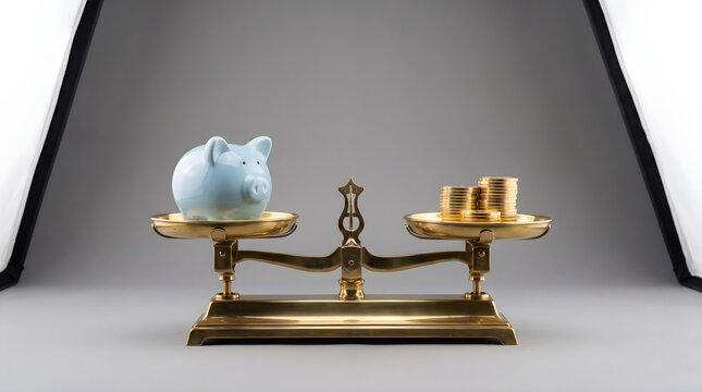 Ceramic piggy bank counterbalancing gold bullion coins, purchasing power parity and asset balance strategy