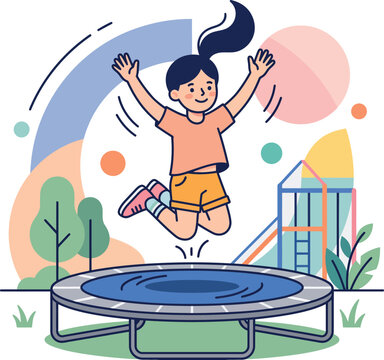 Girl jumping on a trampoline colorful vector illustration with playground backdrop