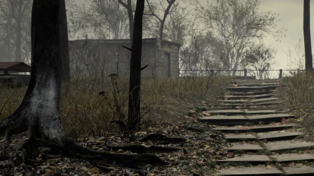 A narrow path leads through a forest with tall trees and dry grass. The sky is cloudy, and there are signs of fallen leaves. A structure is visible in the distance, adding to the scene.
