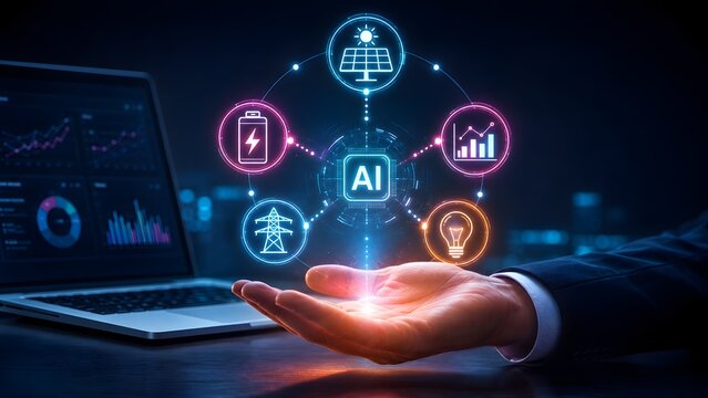 Businessman hand holding glowing artificial intelligence hologram connecting smart grid energy icons for renewable power analytics and management