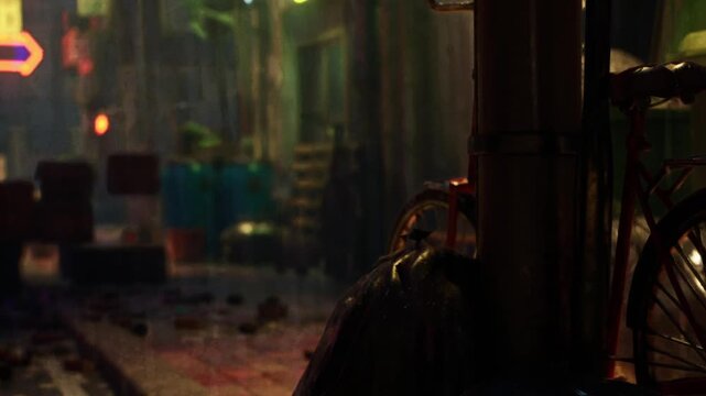 A bike stands next to a trash can on a city street at night. Rain falls on the wet ground, creating reflections. The area has low lighting with hints of color from nearby buildings.