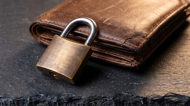 Brass padlock securing worn leather wallet, credit freeze protection and identity theft fraud security