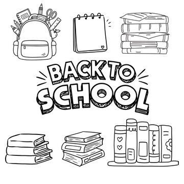Back to school doodle set, hand drawn educational icons and school supplies, black and white line art coloring page elements