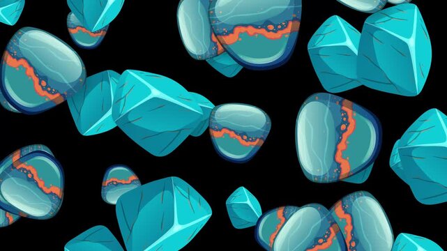 Stylized Blue Stones and Crystals Falling Against a Black Background