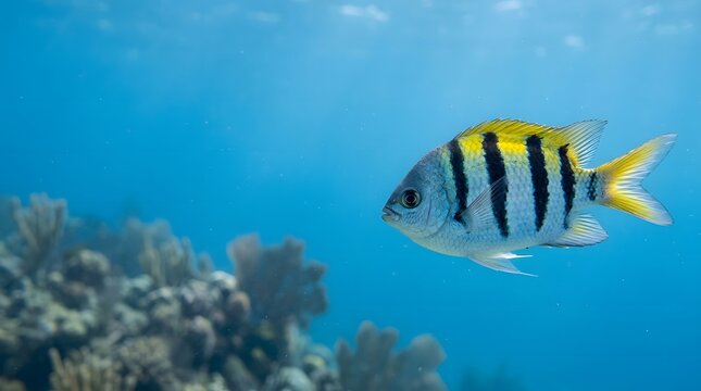 A vibrant sergeant major fish swimming near a coral reef in the ocean.