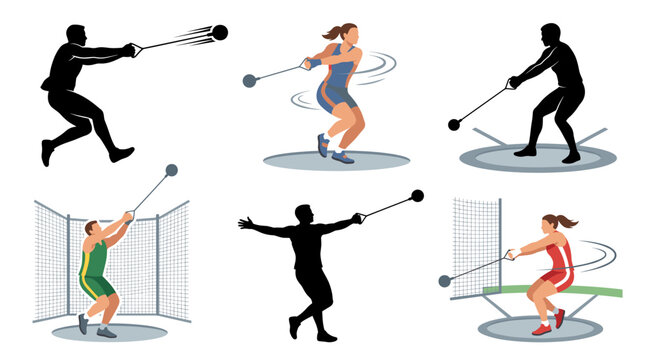Professional vector collection featuring different styles of hammer throw athletes and competition action scenes, including rotational movements, spinning, hammer swinging, release positions