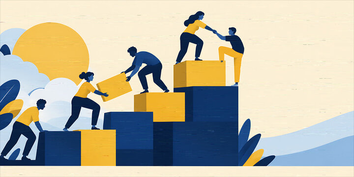Dedicated business team building tall staircase blocks reaching for success together rendered on transparent background
