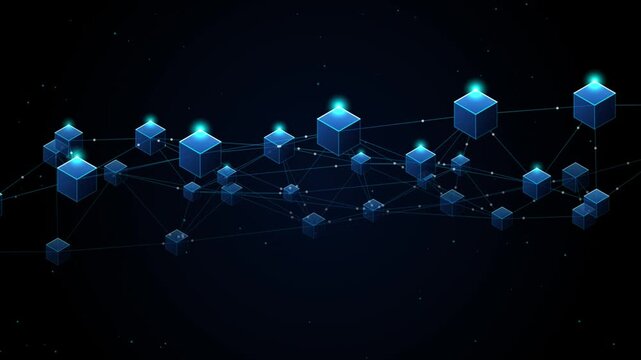 Widescreen technology motion loop featuring a pseudo-3D rotating isometric cube matrix in vibrant neon pink. Interconnected data nodes drift in concentric gyroscope orbits, ideal for futuristic blockc