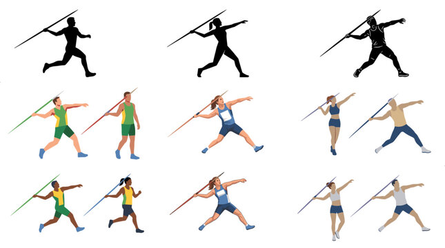 Professional vector collection featuring different styles of javelin throw athletes and competition action scenes, including running approaches, spear carrying, throwing preparation