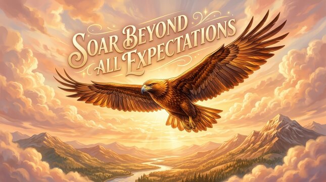 Majestic eagle soars through golden clouds above mountain landscape, symbolizing ambition, freedom, and exceeding expectations