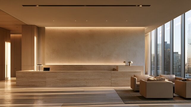 Modern luxury office lobby featuring a stone reception desk, comfortable waiting area with armchairs, and floor to ceiling windows overlooking a city skyline