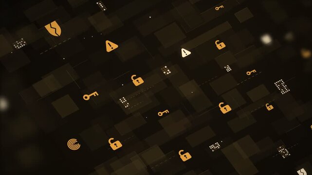 Orange unlocked padlock, key, and warning icons in a diagonal pattern on a dark brown background, for security breach themes