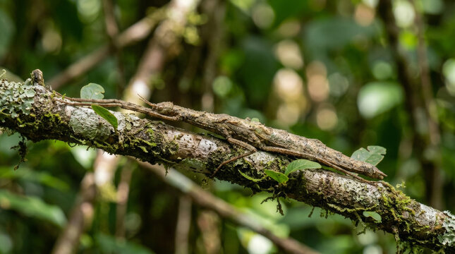 Stick insect camouflaged on a mossy branch. Phasmid blending into natural jungle habitat.