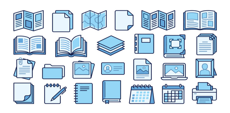 Book, print collateral line icons set. Brochure, catalog, flyer, envelope, letterhead flat minimal vector illustrations. Simple outline signs for publishing house. Blue duotone color, Editable Stroke.