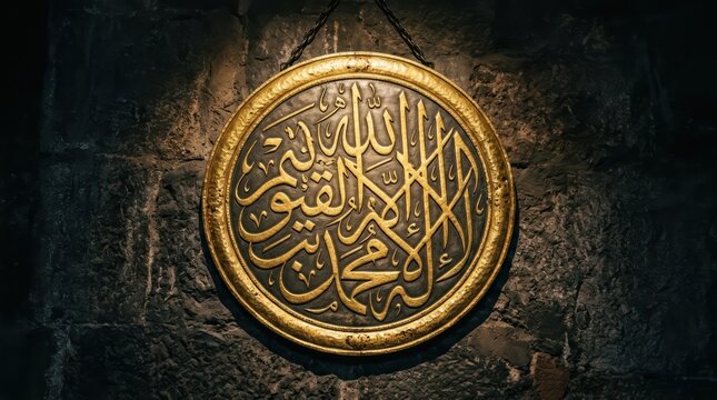 Ornate Golden Islamic Calligraphy Plaque On Stone Wall