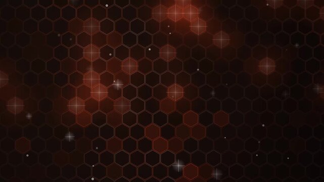 Dark Amber Hexagon Grid with Glowing Particles and Pulsing Light