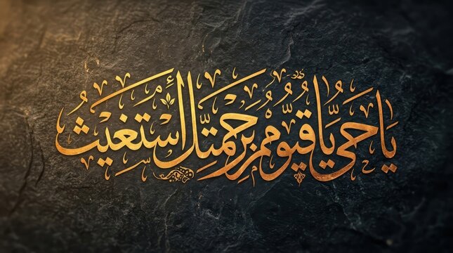 Golden Arabic Calligraphy 'Ya Hayyu Ya Qayyum Astaghith' On Textured Background