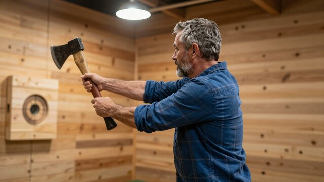 A mature man with gray hair and beard throws an axe toward a wooden target inside a rustic wood-paneled throwing range.
