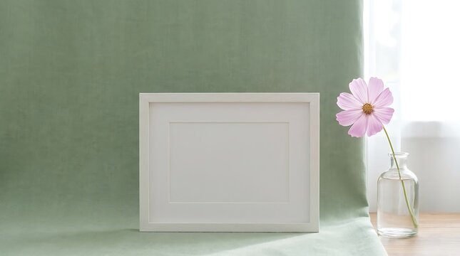 Minimalist blank white photo frame mockup on a soft sage green textile background with a delicate pink flower in a glass vase