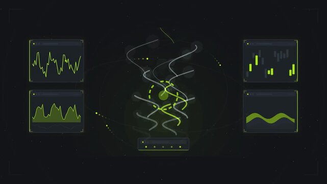 Futuristic HUD interface with glowing panels, readouts and graphs on a deep dark background, overlaid with a smoke wisps curling effect in green and teal tones. Seamless looping 4K motion graphics vid