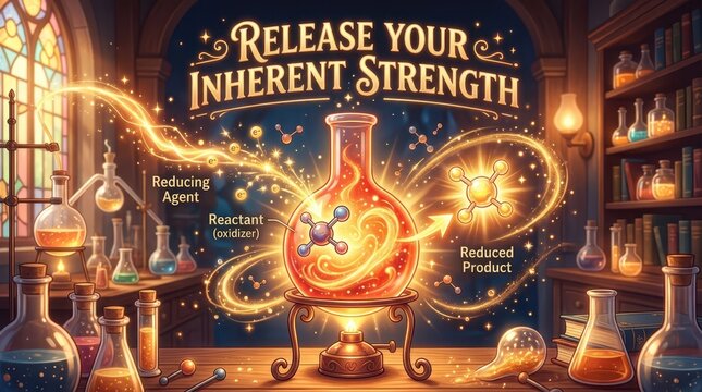 Magical chemistry lab scene with glowing flasks and text "Release Your Inherent Strength", illustrating chemical reactions with animated particles and