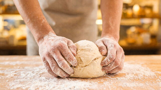 Experienced baker's hands skillfully kneading fresh, soft dough on a rustic wooden table dusted with white flour.