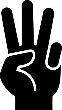 Black hand icon showing three fingers up isolated on transparent background