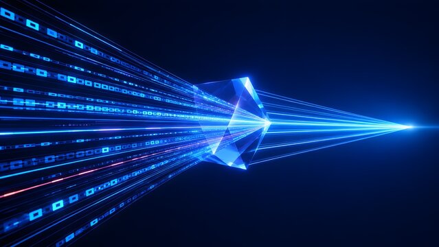 Abstract digital prism condensing blue data streams into a single glowing beam representing high speed network transmission and data processing