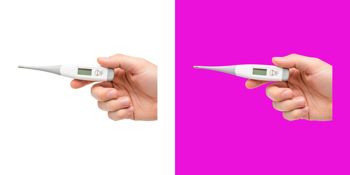 Person holding digital thermometer for medical checkup to monitor body temperature transparent png