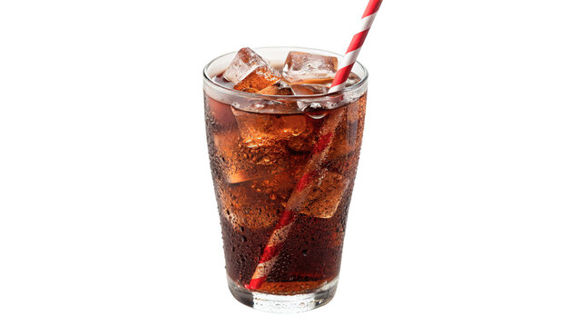Glass of cold cola beverage with ice cubes and drinking straw isolated drink