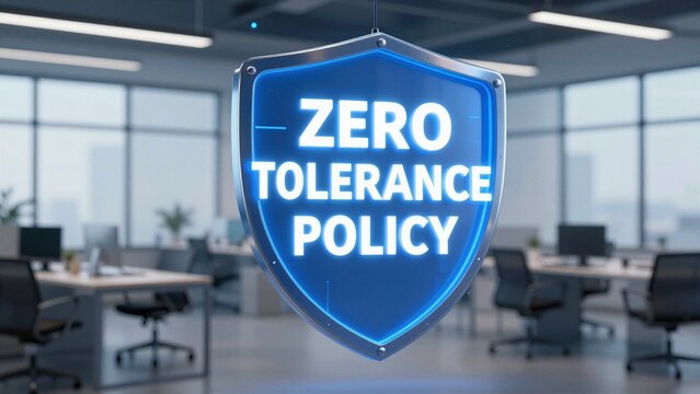 A glowing blue shield with 'ZERO TOLERANCE POLICY' text hangs prominently in a modern office space, symbolizing strict workplace rules and corporate discipline.