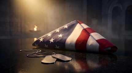 Fototapeta premium Folded american flag with dog tags honoring veterans on memorial day