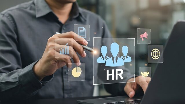 HR management and human resources strategy concepts with digital icons representing business growth and employee engagement