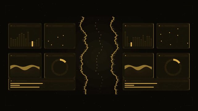 Futuristic HUD interface with glowing panels, readouts and graphs on a deep dark background, overlaid with a paper tear transition effect in amber and orange tones. Seamless looping 4K motion graphics