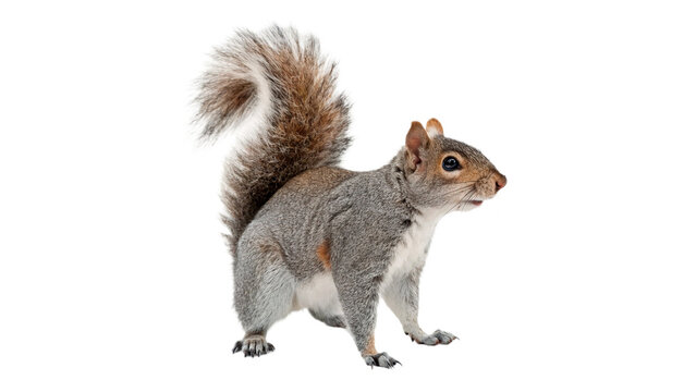 Fluffy grey squirrel standing sideways isolated on transparent background