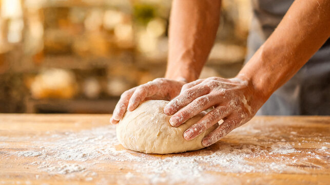 Close-up of a person's flour-covered hands expertly shaping and kneading a fresh ball of bread dough.