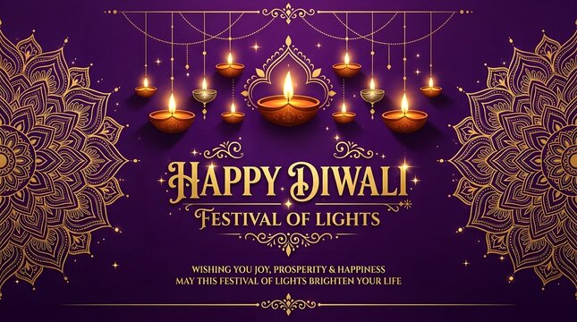 Happy diwali festival of lights greeting with golden diyas