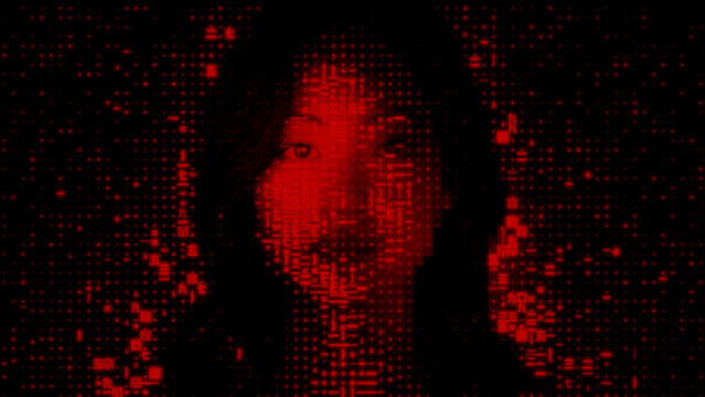 Woman's Face dissolving into Machine Code. Access Control Concept.