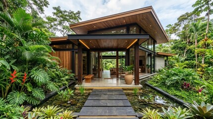 Obraz premium Modern Tropical Villa Surrounded By Lush Rainforest Vegetation And Water Feature