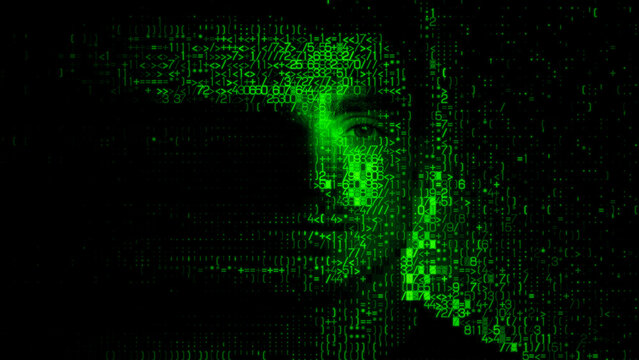 Man's Face formed from Code Fragments, representing Synthetic Identity Fraud Concept.