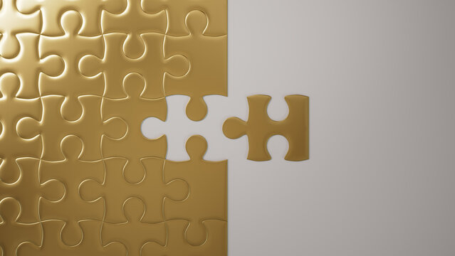 Gold and White Jigsaw Puzzle texture Background with final piece moving into place. Connection Concept.