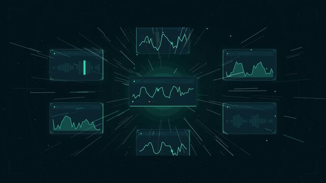 Futuristic HUD interface with glowing panels, readouts and graphs on a deep dark background, overlaid with a zoom blur transition effect in cool blue-white tones. Seamless looping 4K motion graphics v