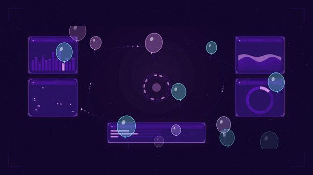 Futuristic HUD interface with glowing panels, readouts and graphs on a deep dark background, overlaid with a balloon float rising effect in violet and blue tones. Seamless looping 4K motion graphics v