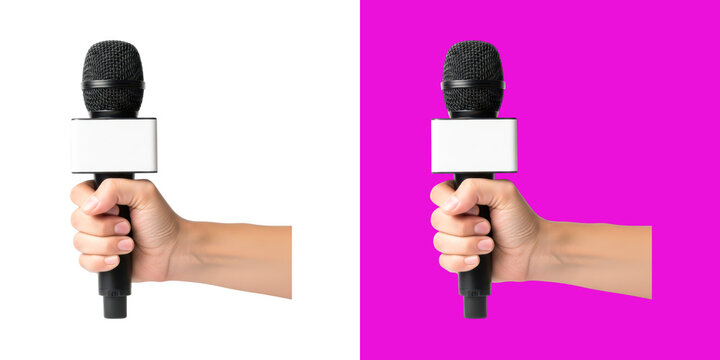Person holding professional news microphone with blank label for media interviews transparent png