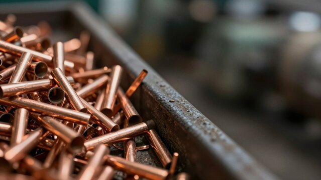 Close-up of discarded copper tubes in a factory scrap bin, reflecting warm metallic tones under industrial lighting.