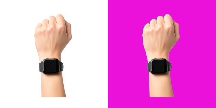 Person wearing black smartwatch on wrist showing clenched fist transparent png