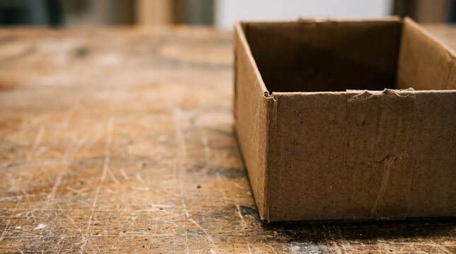 Open Small Cardboard Box Standing on Rustic Wooden Workshop Table with Copy Space