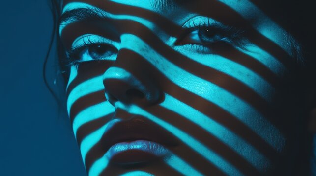 A person's face is illuminated by blue light from a screen in a dark room. The shadows create striking patterns across the skin, enhancing facial features